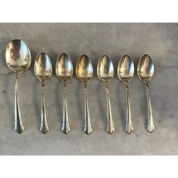 1930s Gorham Lady Caroline Silverplate 6 Teaspoon + 1 Soup Spoon Set Vintage - Picture 1 of 9